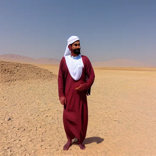 Image similar to realistic photo of omani man wearing traditional clothes standing in a desert