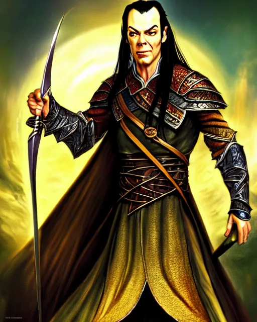 Image similar to Elrond from Lord of the rings, Cover art by Stephen Bliss, boxart, loading screen, 8K resolution