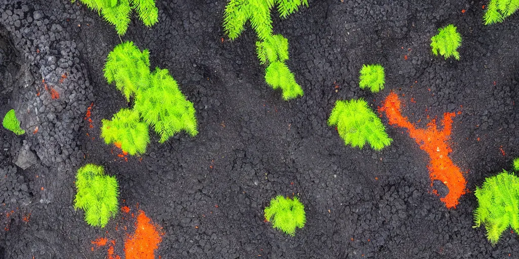 Image similar to old black volcanic lava meets the new bright orange lava on the edge, bright green fern leaves growing through the lava, aerial photo