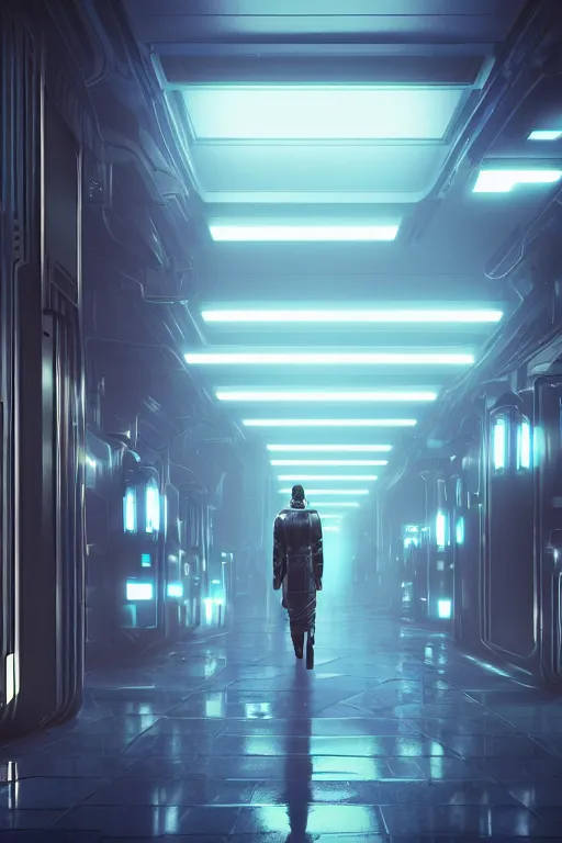 Image similar to in a dark corridor, a human in a still suite from dune in front of a snack machine and taps the keypad, his profile and face lit up by the blue neon light of the machine in front of him, close shot, blade runner style, gloomy mood, hyper-realistic environment,Epic concept art. bokeh, Octane render and Unreal Engine