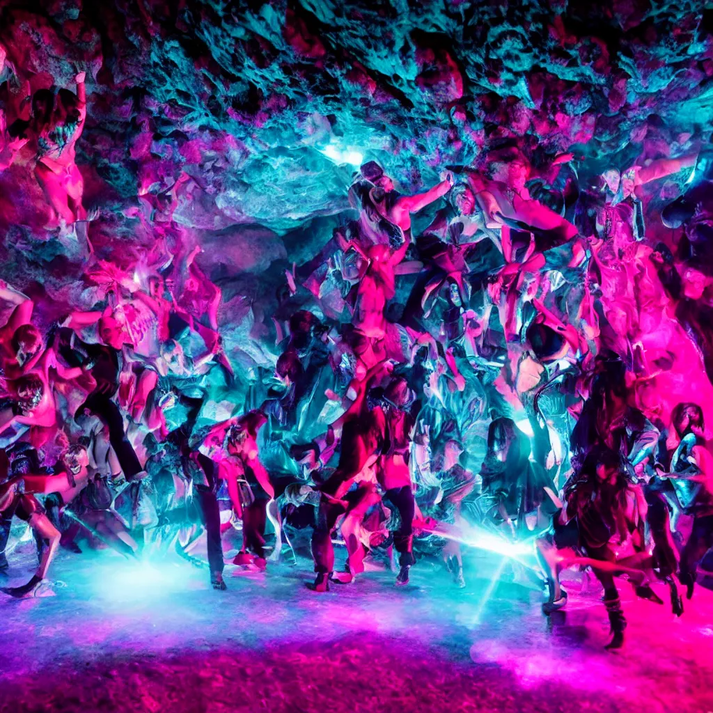 Image similar to cinematic shot of a goth disco in a cave, holographic knives!!! with pink lasers and blue crystals, brutal weapons!!! holographic knives!!! goth people dancing, dark evil ritual, 8 k photograph