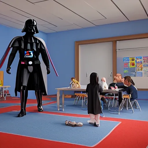 Image similar to “Darth Vader in school room with kids, movie scene, ultra realistic, rendered with unreal 5 engine”