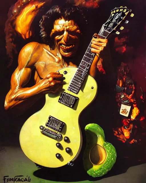 Image similar to Nikocado Avocado ripping a solo on a Gibson Les Paul in front of a mountain of deep fried turkey legs, heavy metal artwork by Frank Frazetta