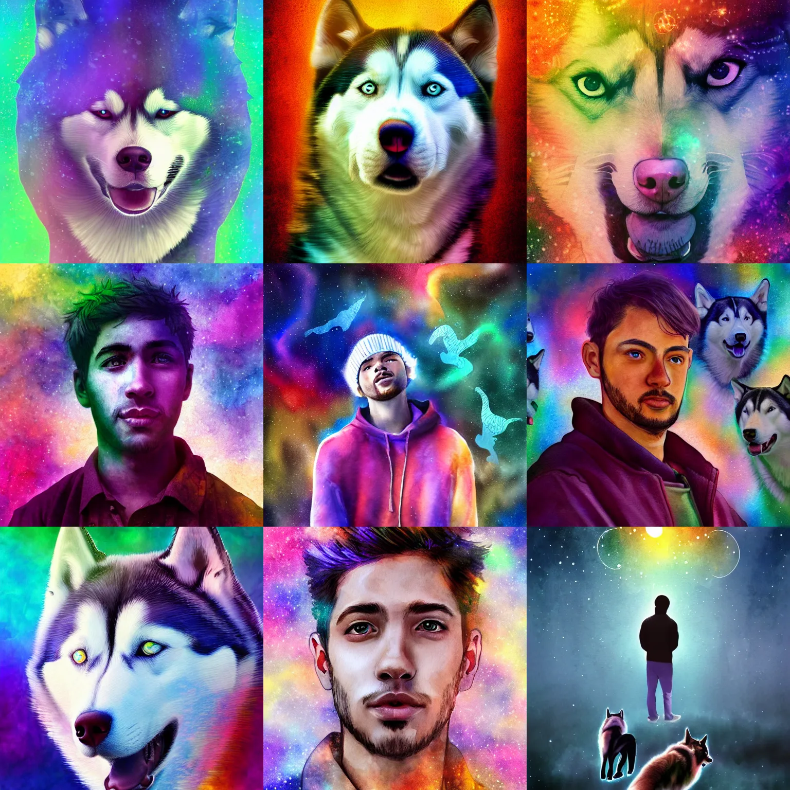 Prompt: young man surrounded by an aura of emotions with huskies floating above him, rich iridescent colors, digital art, very detailed, watercolor, 4 k hd