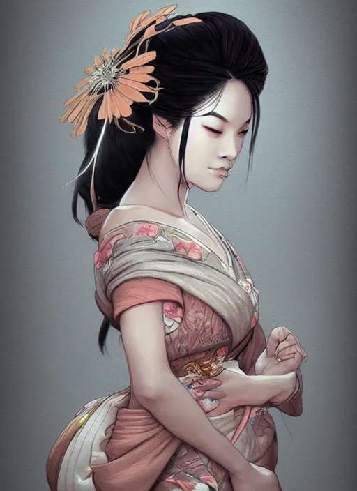 Prompt: a detailed hand drawn sketch of a stunning geisha princess, muted colors, artgerm, NeoArtCorE, artstation