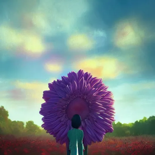 Image similar to giant daisy flower head, frontal, girl in a suit standing on street, surreal photography, sunrise, dramatic light, impressionist painting, digital painting, artstation, simon stalenhag