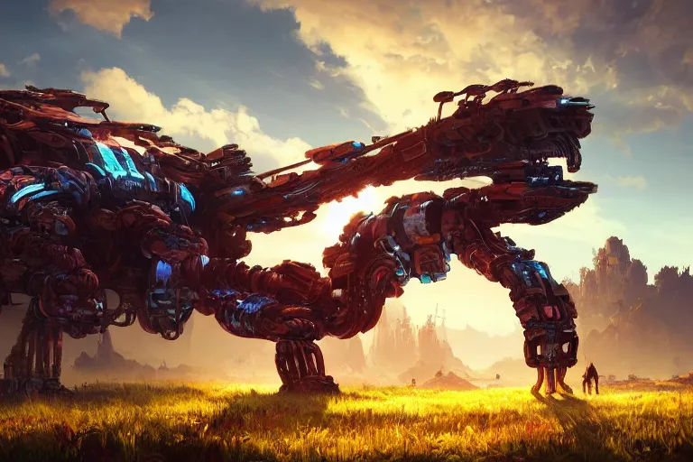 Image similar to snapmaw machine mecanical creature robot of horizon forbidden west horizon zero dawn radiating a glowing aura global illumination ray tracing hdr fanart arstation by ian pesty and alena aenami artworks in 4 k