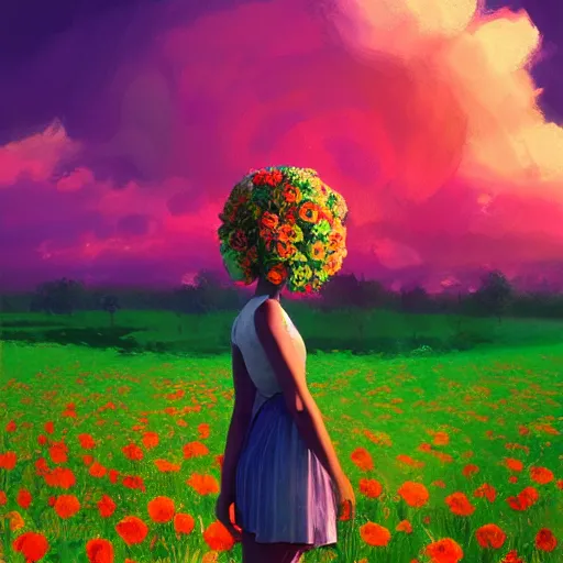 Prompt: giant rose flower head, full body girl standing in a flower field, surreal photography, sunrise, dramatic light, impressionist painting, colorful clouds, digital painting, artstation, simon stalenhag