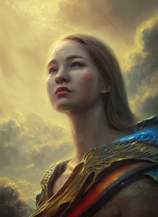 Image similar to a realistic detail portrait of a beautiful female angle in heaven, Ragnarok, rainbow bridges raining, thunder, magic, dragon, oil painting by Julian calle, wlop, greg rutkowski, Finnian MacManus, Trending on artstation, red and yellow scheme, 8k, RE Engine