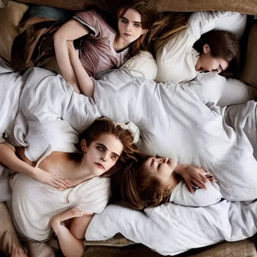 Image similar to emma watson and her friends sleeping in a bunch of cozy beds