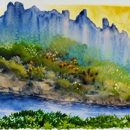 Image similar to detailed watercolor of a lush natural scene on an alien planet by stephen quiller. beautiful landscape. weird colourful vegetation. cliffs and water.