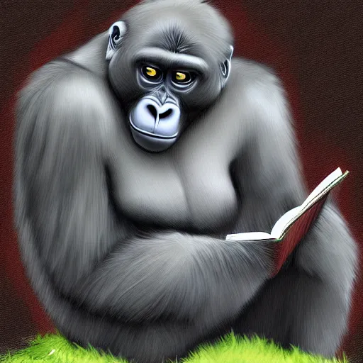 Prompt: gorilla reading a book, anime, digital art,