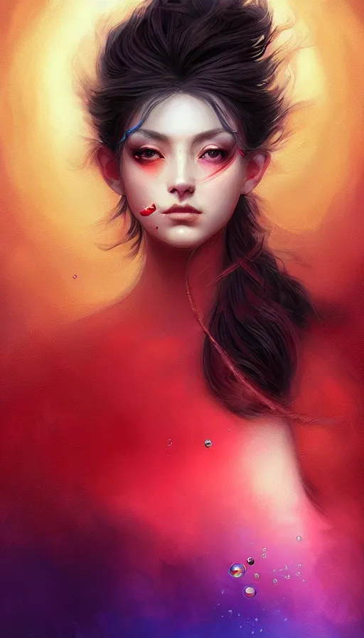 Image similar to portrait of magical archer , dark fantasy, gradient red black, dreamy and ethereal, (colour) eyes, one head, golden ratio, peaceful expression, ornate frilly dress, fantasy, intricate, elegant, rainbow bubbles, highly detailed, digital painting, artstation, concept art, smooth,b sharp focus, illustration, art by artgerm and greg rutkowski and alphonse mucha