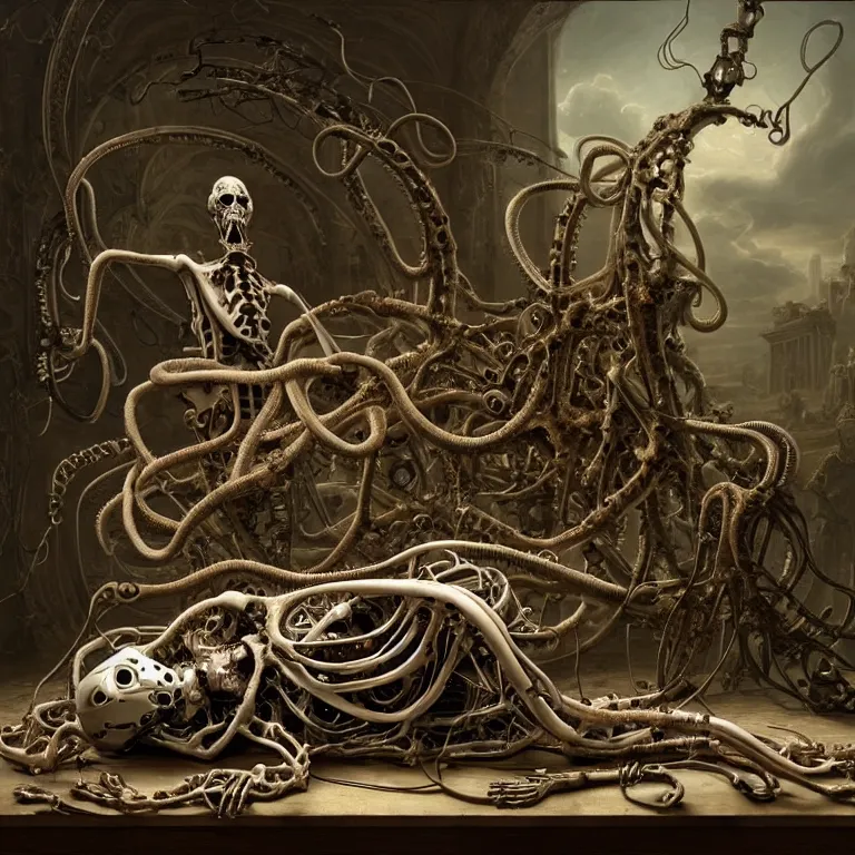 Prompt: still life of two abandoned biomechanical cyborg male lovers laying on a table, surreal alien ribbed fruit flowers, white human spine, covered with tentacles, roots, wires, tubes, baroque painting, standing in a desolate empty wasteland, creepy, nightmare, dream-like heavy atmosphere, surreal abandoned buildings, baroque painting, beautiful detailed intricate insanely detailed octane render trending on Artstation, 8K artistic photography, photorealistic, chiaroscuro, Raphael, Caravaggio, Beksinski, Giger