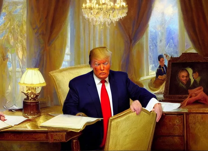 Prompt: donald trump secretly selling highly classified nuclear documents to vladimir putin by vladimir volegov and alexander averin and pierre auguste cot and delphin enjolras