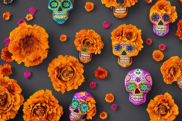 Image similar to dia de los muertos, calaveras and aztec marigold flowers designs by Jorge Gutierrez, 8k resolution, artstation trends cosmic light, detailed octane render