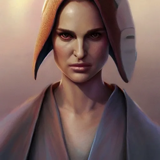 Image similar to natalie portman, three - quarter view, female, jedi master, wearing the traditional jedi robe, beautiful and uniquely odd looking, detailed symmetrical close up portrait, intricate complexity, in the style of artgerm and ilya kuvshinov, magic the gathering, star wars art,