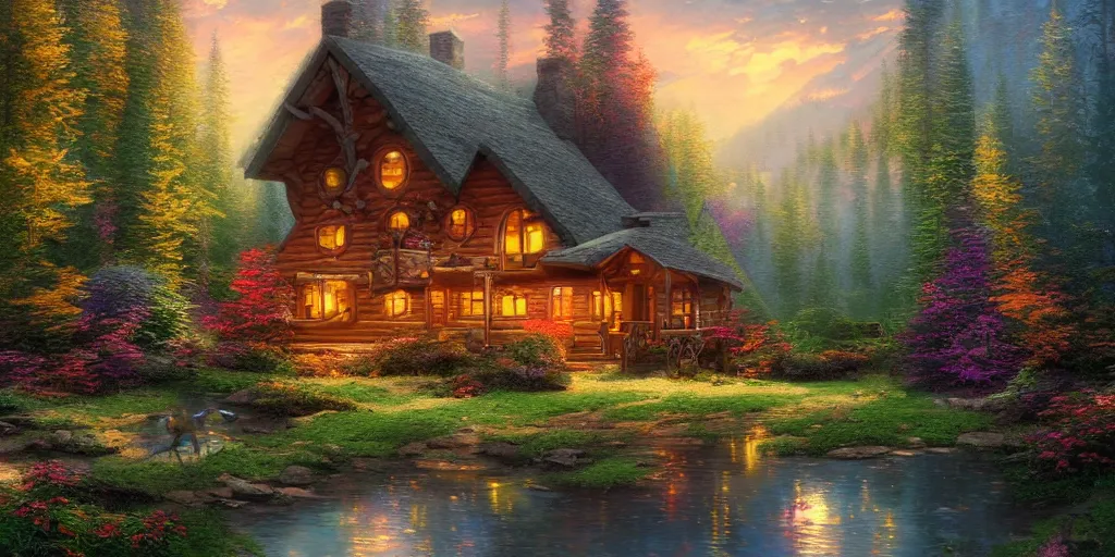 Prompt: Beautiful cabin in the woods” Beautiful Dreamscape, Digital art, concept art, detailed, lovely colors, Art station,3-D 4K, beautiful background, matte painting, Thomas kinkade- H 576