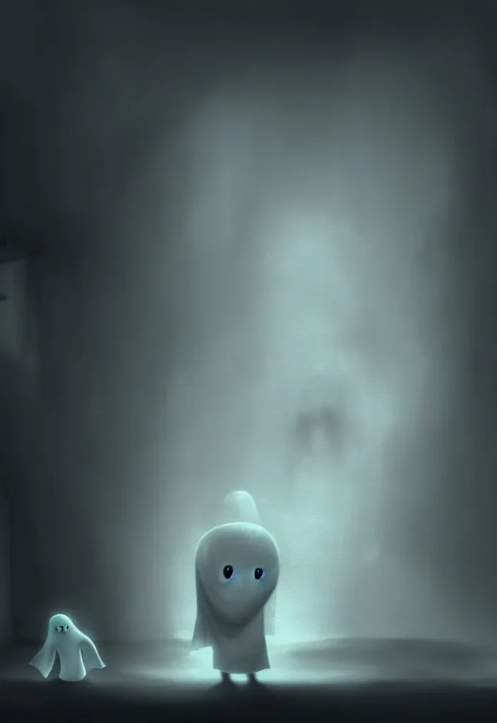Image similar to depiction of the feeling of hopelessness, worthlessness, loneliness, of a friendly ( cute cartoon ) ghost. ambient occlusion, ray tracing render, 3 5 mm, italian horror film concept art, extremely atmospheric painting.