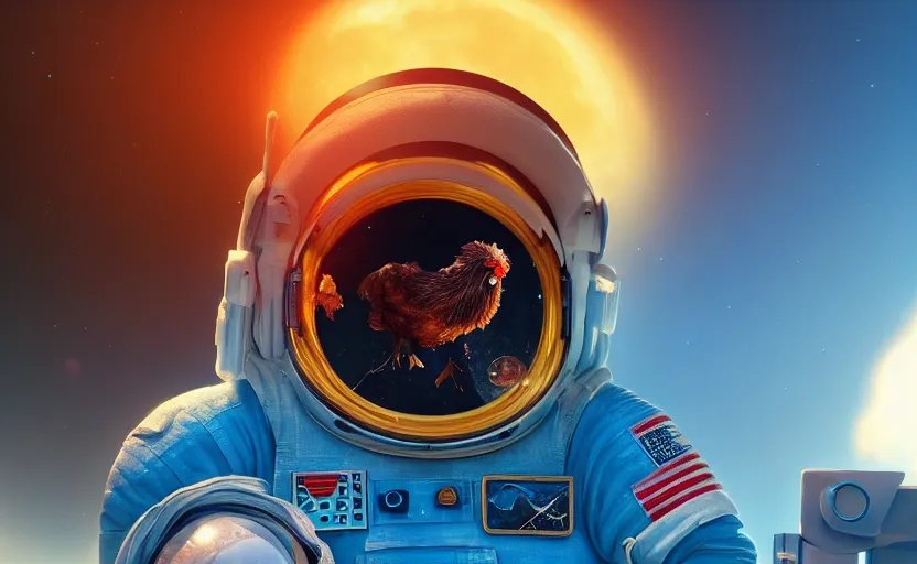 Prompt: a chicken wearing a astronaut suit in a alien planet, profile picture, digital art, concept art, trending on DeviantArt, highly detailed, high quality, 4K, cartoon, high coherence, path traced, blue sky in the background, octane render, digital painting, no helmet, masterpiece