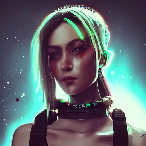 Image similar to female character cyberpunk wearing technological collar around neck, realistic, art, beautiful, 4K, collar, choker, collar around neck, punk, artstation, detailed, female, woman, choker, neon,