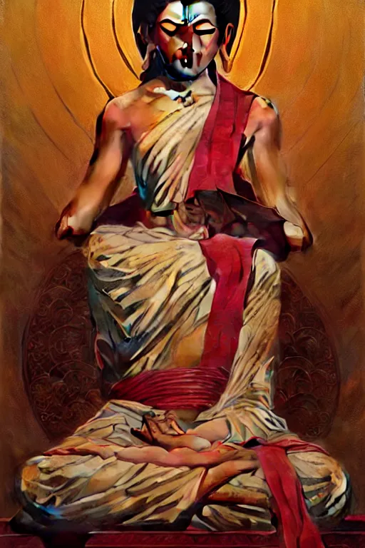 Image similar to temple, buddhism, painting by greg rutkowski, j. c. leyendecker, artgerm