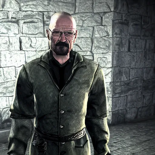 Image similar to in-game screenshot of Walter White as a detective in the game Skyrim