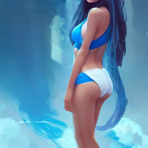 Prompt: illustration of a cute girl full body, wearing a white bikini, azure blue braided hair, by Stanley Artgerm Lau, WLOP, Rossdraws, James Jean, Andrei Riabovitchev, Marc Simonetti, and Sakimichan, trending on artstation