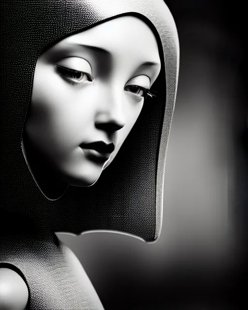 Image similar to black and white dreamy young beautiful female artificial intelligence, metropolis, cinematic, rim light, bokeh, photo - realistic, elegant, high detail, 8 k, masterpiece, photo taken in 1 9 3 0