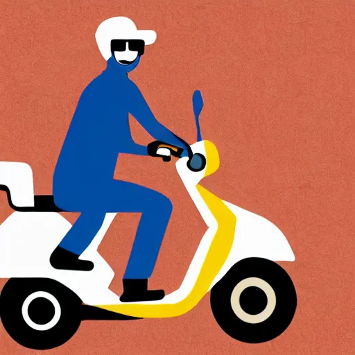 Image similar to drawn cartoon of a delivery driver on moped delivering packages on a long windy city street, bright color, bubbly, digital cartoon syle image, no blur, white background