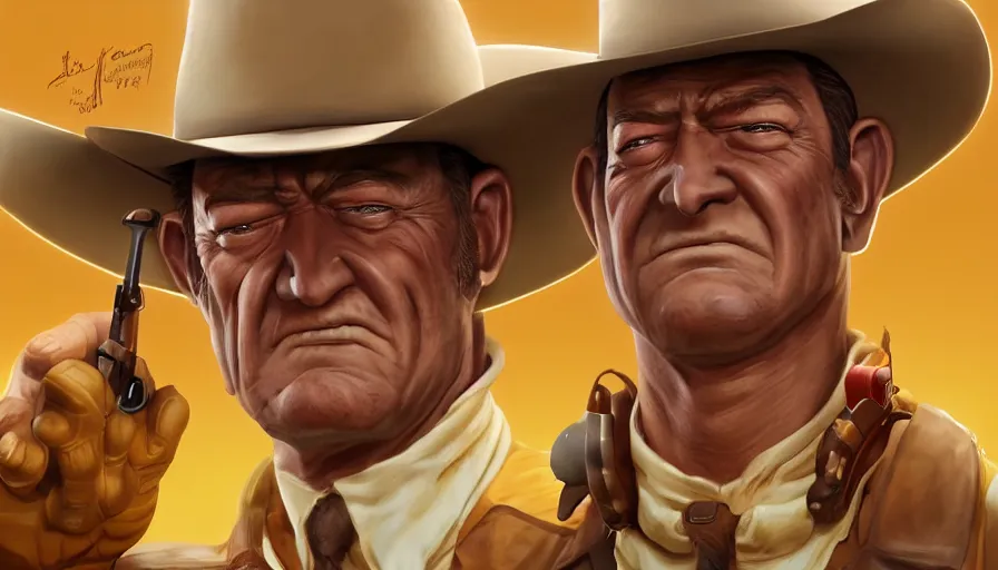 Prompt: Digital painting of John Wayne as Lucky Luke, hyperdetailed, artstation, cgsociety, 8k