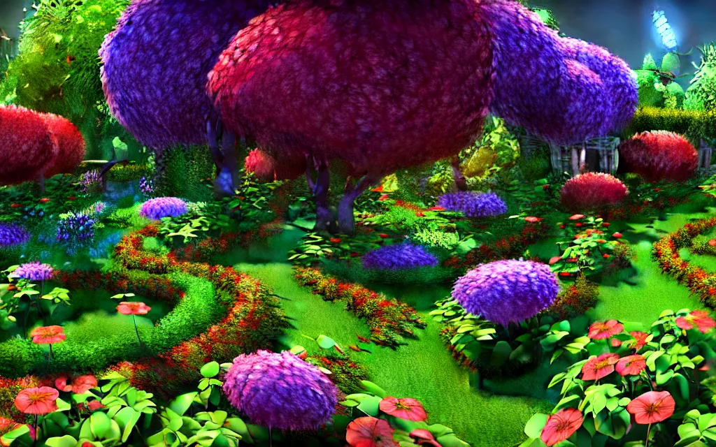 Image similar to a sprawling garden with many flowers and vines, sunny day, beautiful lighting, vivid colors!, highly detailed, cinematic, octane render, 4 k, trending on artstation, deviantart featured