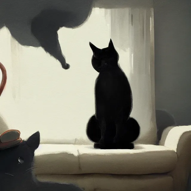 Prompt: a painting of a cute black cat on a couch. character design by cory loftis, fenghua zhong, ryohei hase, ismail inceoglu and ruan jia. volumetric light, detailed, rendered in octane