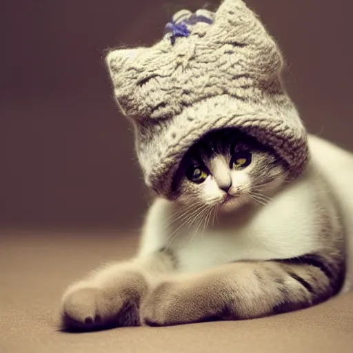 Prompt: cute cat photo licking tongue, wearing wool hat cat ears