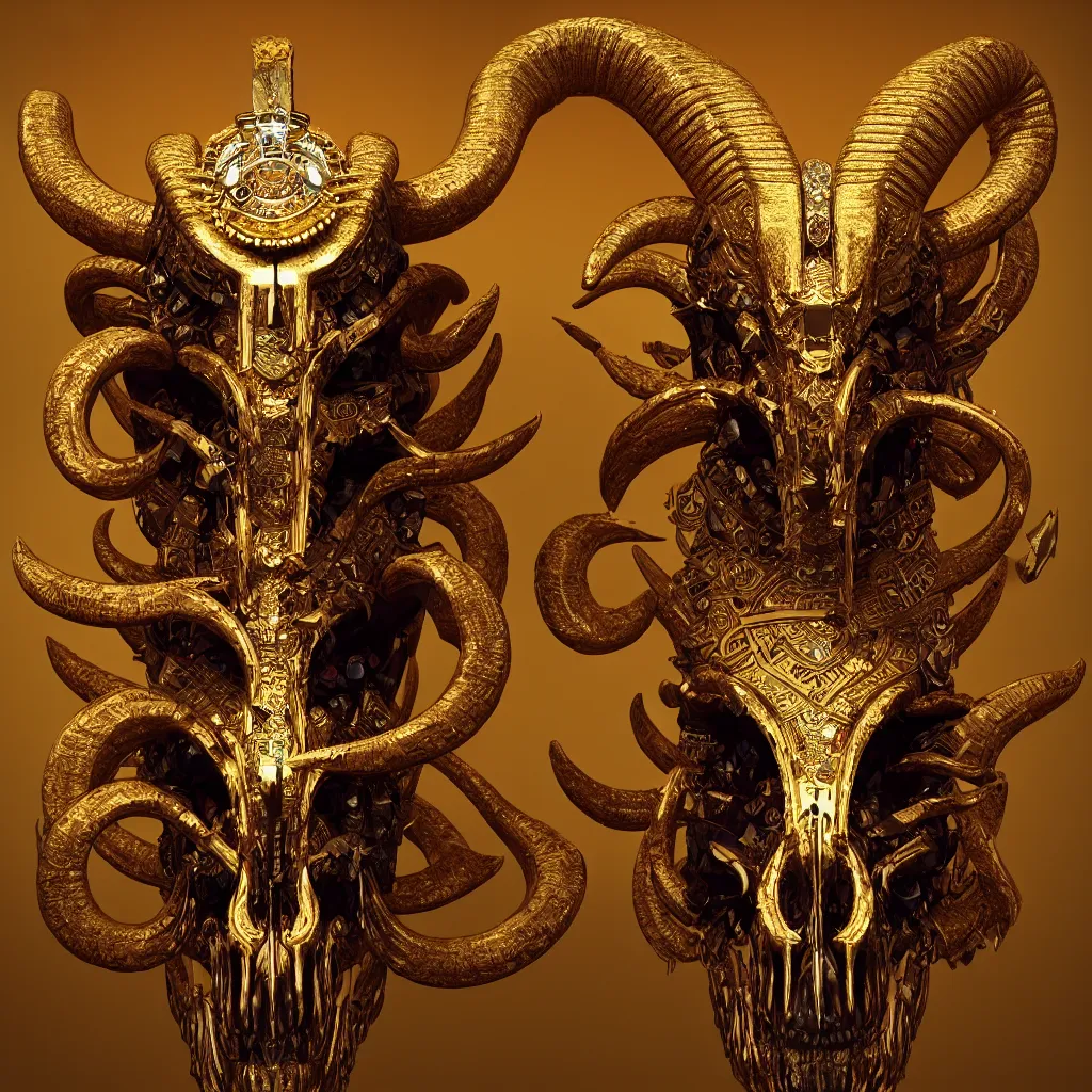 Image similar to Photorealistic epic egyptian god face full portrait ram skull, jackal skull, gold, gems. ominous, ancient magic, intricate artwork by Tooth Wu and beeple and Mariusz Lewandowski. octane render, trending on artstation, greg rutkowski very coherent symmetrical artwork. cinematic, hyper realism, high detail, octane render, 8k