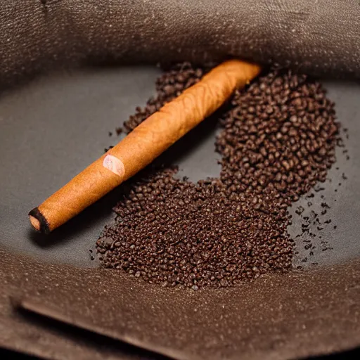 Prompt: studio photograph of a cigarrete covered in coffee