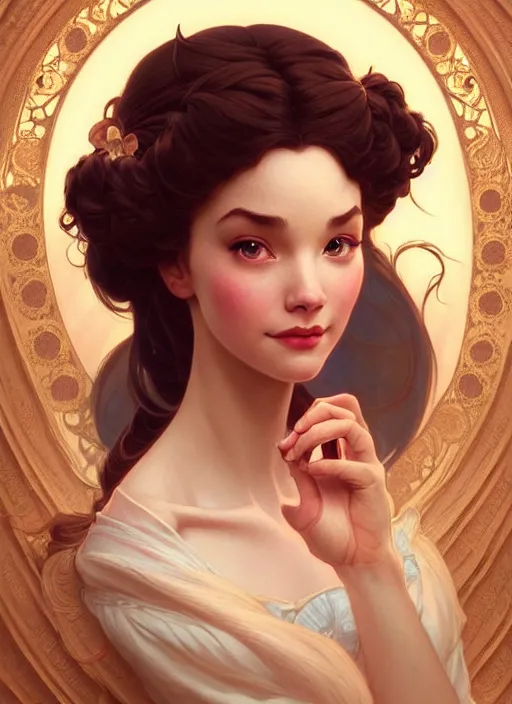 Image similar to portrait of disney belle, intricate, elegant, highly detailed, my rendition, digital painting, artstation, concept art, smooth, sharp focus, illustration, art by artgerm and greg rutkowski and alphonse mucha and uang guangjian and gil elvgren and sachin teng, symmetry!!