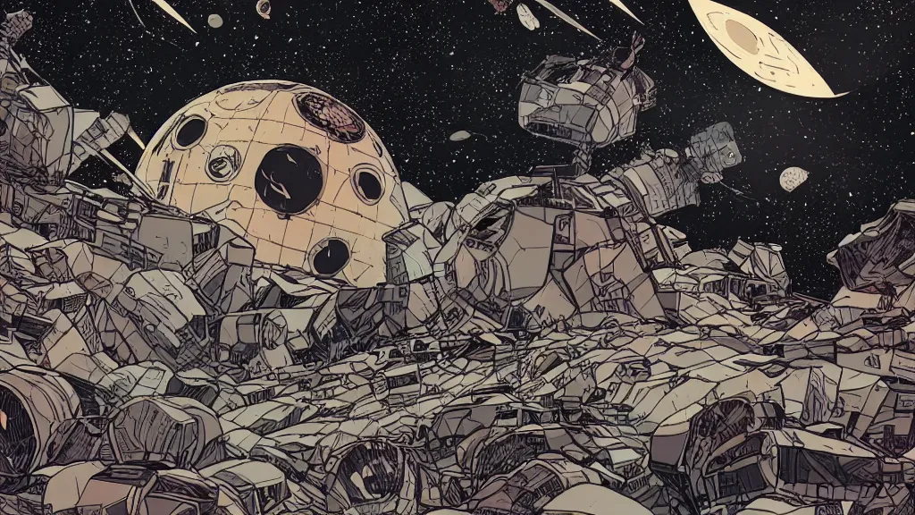 Image similar to very detailed, prophet graphic novel, ilya kuvshinov, mcbess, rutkowski, simon roy, illustration of a space junk floating in space around a dead planet, wide shot, colorful, deep shadows, astrophotography