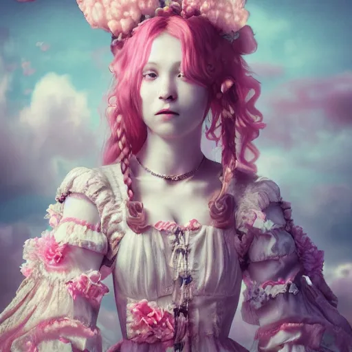 Image similar to 8 k, octane render, realism, tonalism, renaissance, rococo, baroque, cotton candy, creepy young lady wearing long harajuku manga dress with flowers and skulls ( background chaotic flowers )