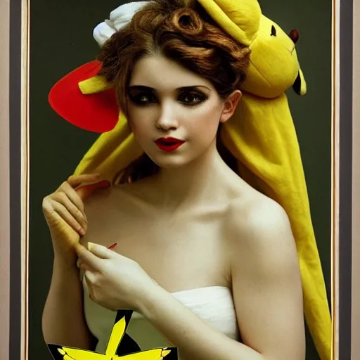 Image similar to elegant woman dressed up as pikachu, art photo by Annie Liebovitz and Alphonse Mucha