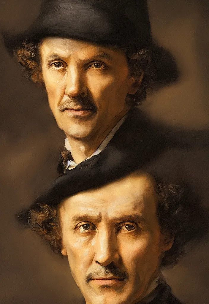 Prompt: high quality oil painting portrait of Sherlock Holmes by Rembrandt and Raymond Swanland, volumetric and perfect lighting, 4k, 8k, HD