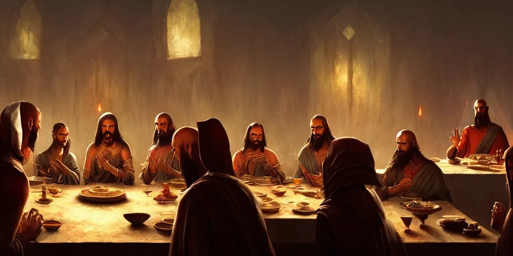 Image similar to morrowind last supper by greg rutkowski, digital painting, trending on artstation, sharp focus, 4 k