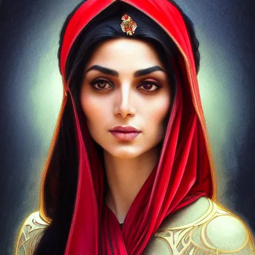 Image similar to Beautiful portrait of a Persian Princess who is an architect, beautiful princess, face painting, architecture, persian style architecture, dramatic lighting, intricate, wild, highly detailed, digital painting, artstation, concept art, smooth, sharp focus, illustration, black+velvet+red, art by artgerm and greg rutkowski and alphonse mucha, footage from space camera