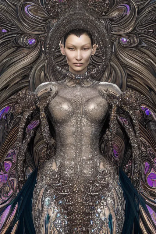 Image similar to a highly detailed portrait of a beautiful alien woman goddess bella hadid in iris van herpen dress in diamonds and fractals in style of alphonse mucha art nuvo gustav klimt dmt trending on artstation made in unreal engine 4