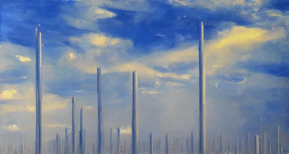 Image similar to world of only concrete, a flat endless plane of concrete covered in thin, very tall concrete pillars that go on to the horizon, open sky, blue sky with clouds, god rays, beautiful painting, oil on canvas, by Ewa Czarniecka, award winning masterpiece,