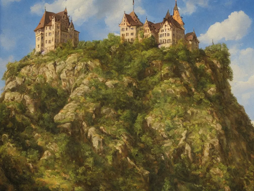 Image similar to a painting of a german castle on the cliff