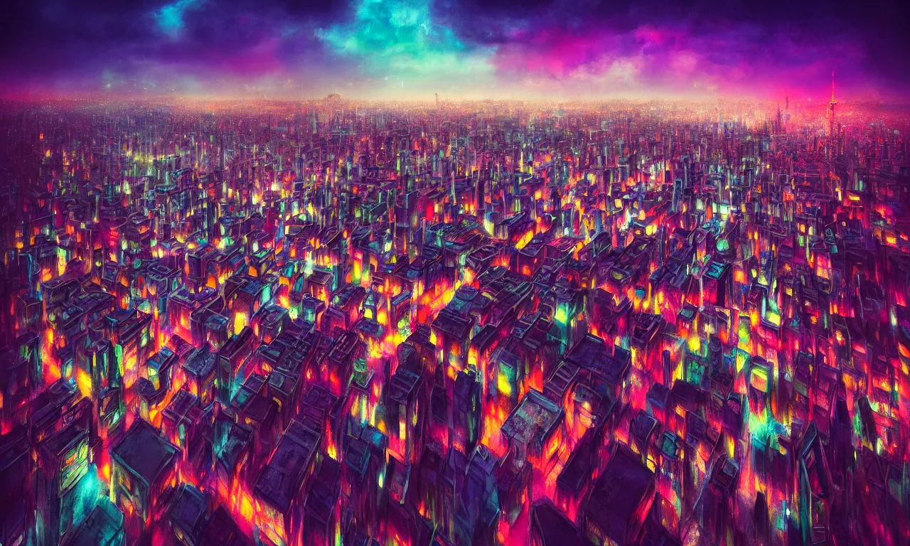 Image similar to drone view colorful photograph of a futuristic city, science fiction, night lights, beautifully lit buildings, mystic hues, distant, sharp focus, volumetric lights, digital art, RTX, hyperrealistic, cinematic, acid pixie, by lee madgwick