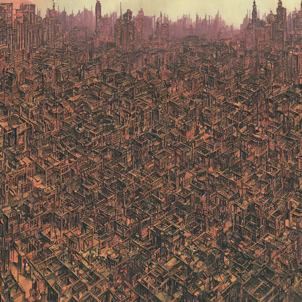 Prompt: gothic kowloon walled city by syd mead