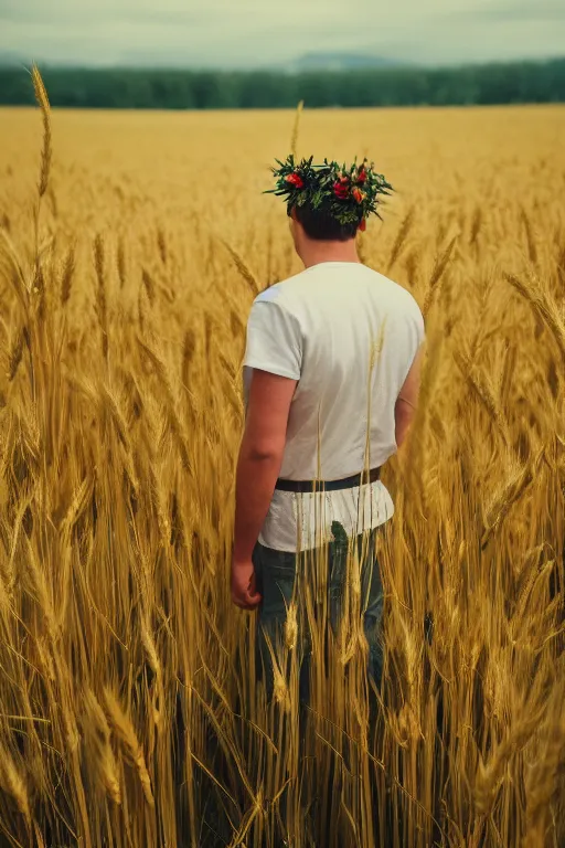 Image similar to kodak portra 4 0 0 photograph of a guy standing in a field of wheat, back view, flower crown, telephoto, faded effect, grain,