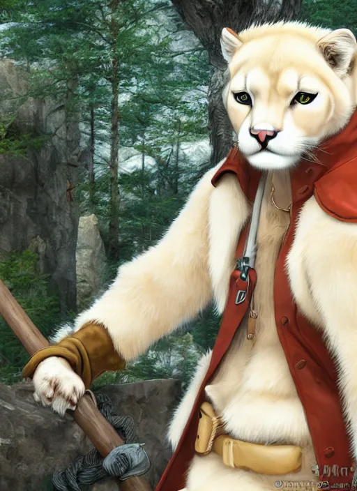 Image similar to character portrait of a anthro! albino mountain lion wearing miner's clothes. hidari, color page, tankoban, 4K, tone mapping, Akihiko Yoshida.